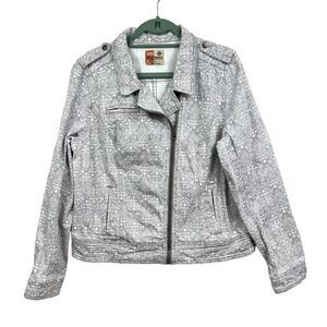 RuffHewn Womens Floral Denim Jean Jacket CollaredAsymmetric Zipper Pockets Sz L‎